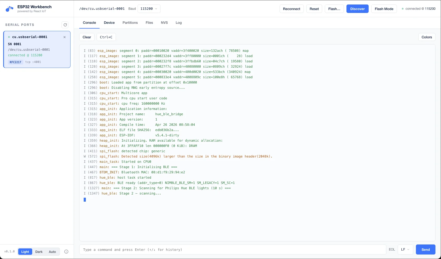 ESP32 Workbench — browser console showing live serial output from a connected ESP32