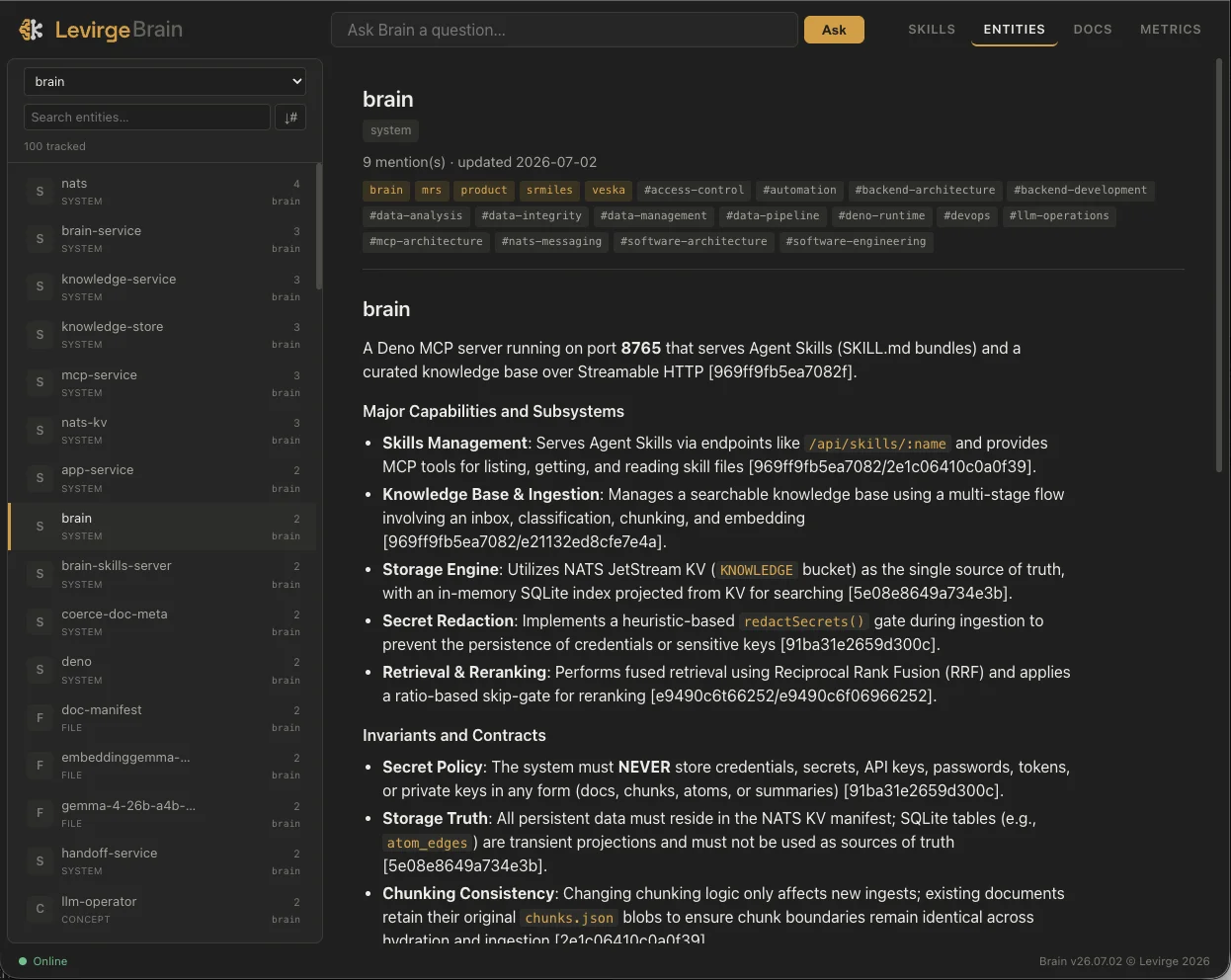 LevirgeBrain — entity browser showing the Ask bar, Skills / Entities / Docs tabs and an entity detail pane